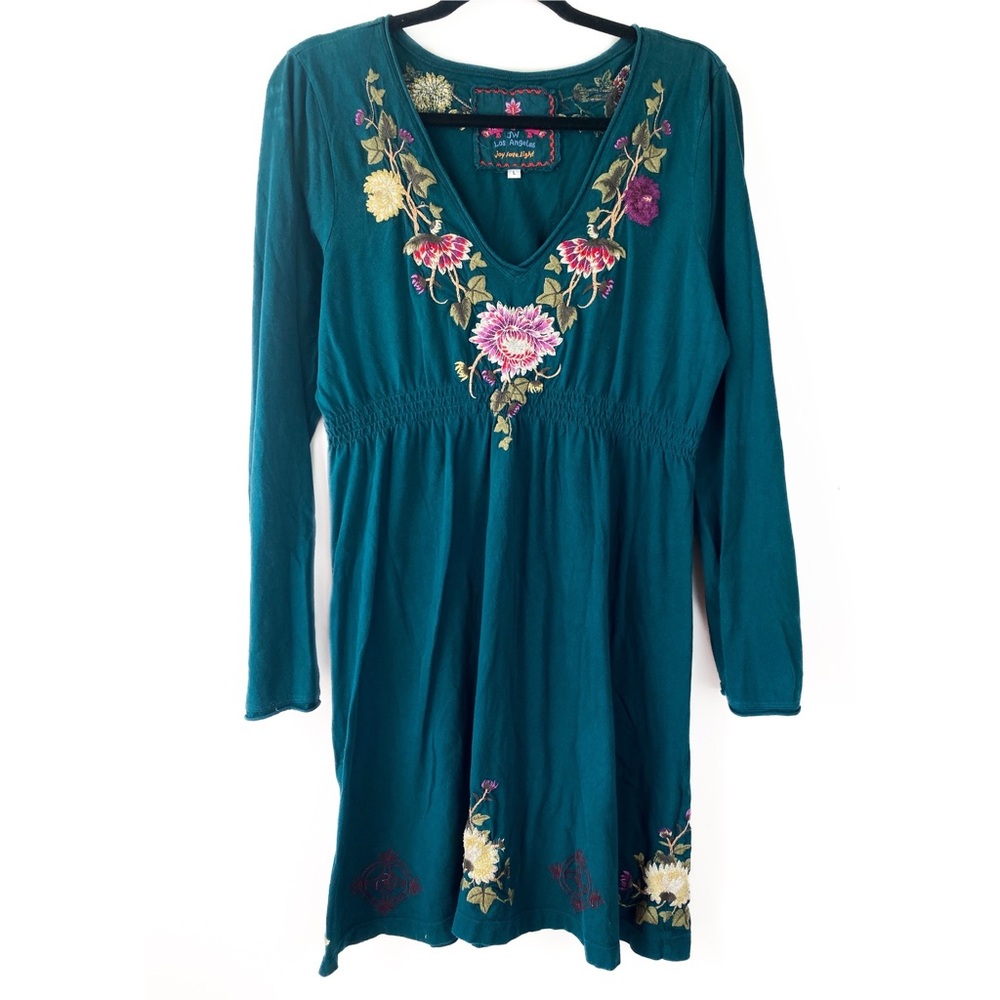 Johnny Was Embroidered Babydoll Dress L Emerald‎ Green Stretch Floral Boho Artsy